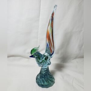Blue. Green, Orange & White Vintage Art Glass Hand Blown Glass Bird Figurine